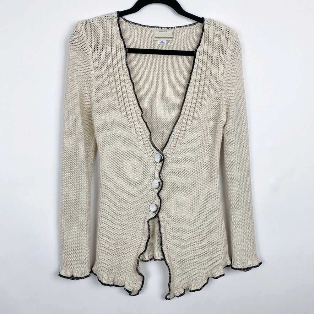 Kimchi Blue Ruffle Hem Open Knit Contrast Trim Cardigan Women Medium Cream